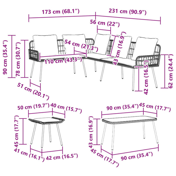 Gartensofa Set Poly-Rattan Natur 4-teilig
