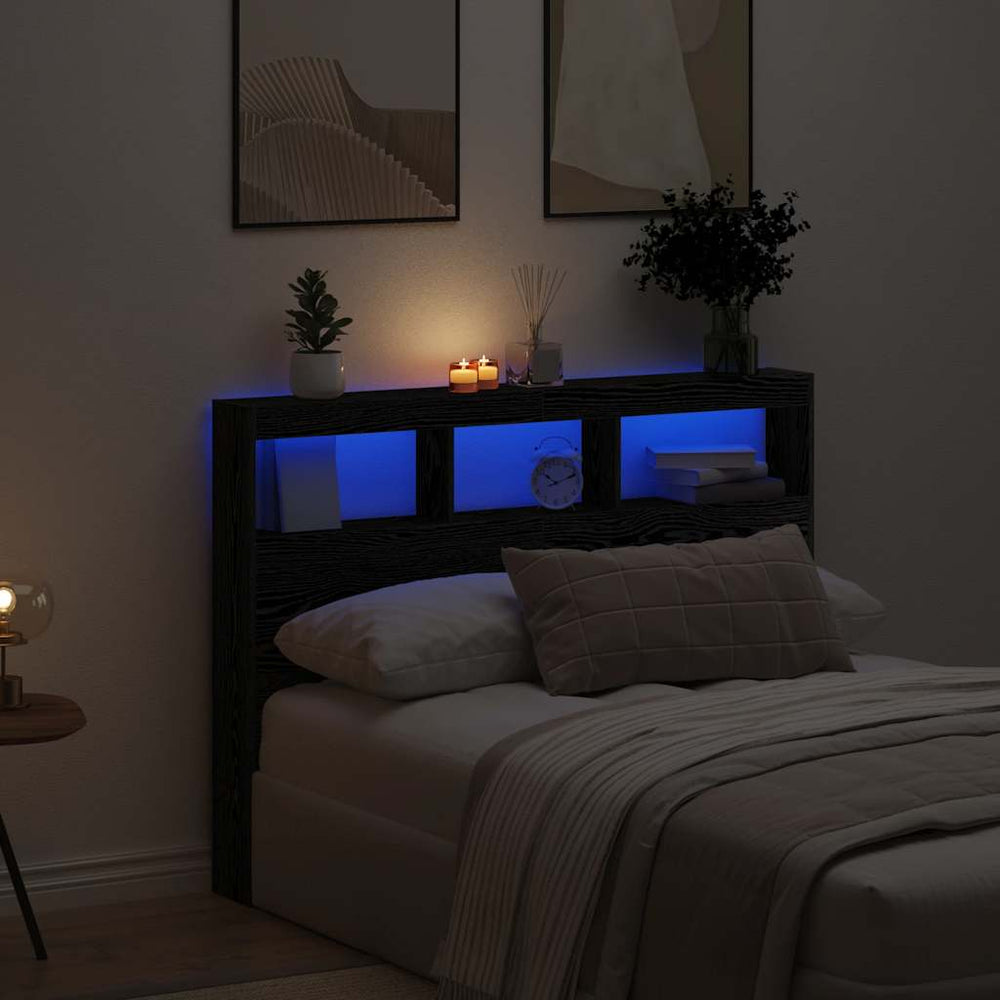 LED Kopfteil 140 cm Schwarz Eiche mit Ablagen