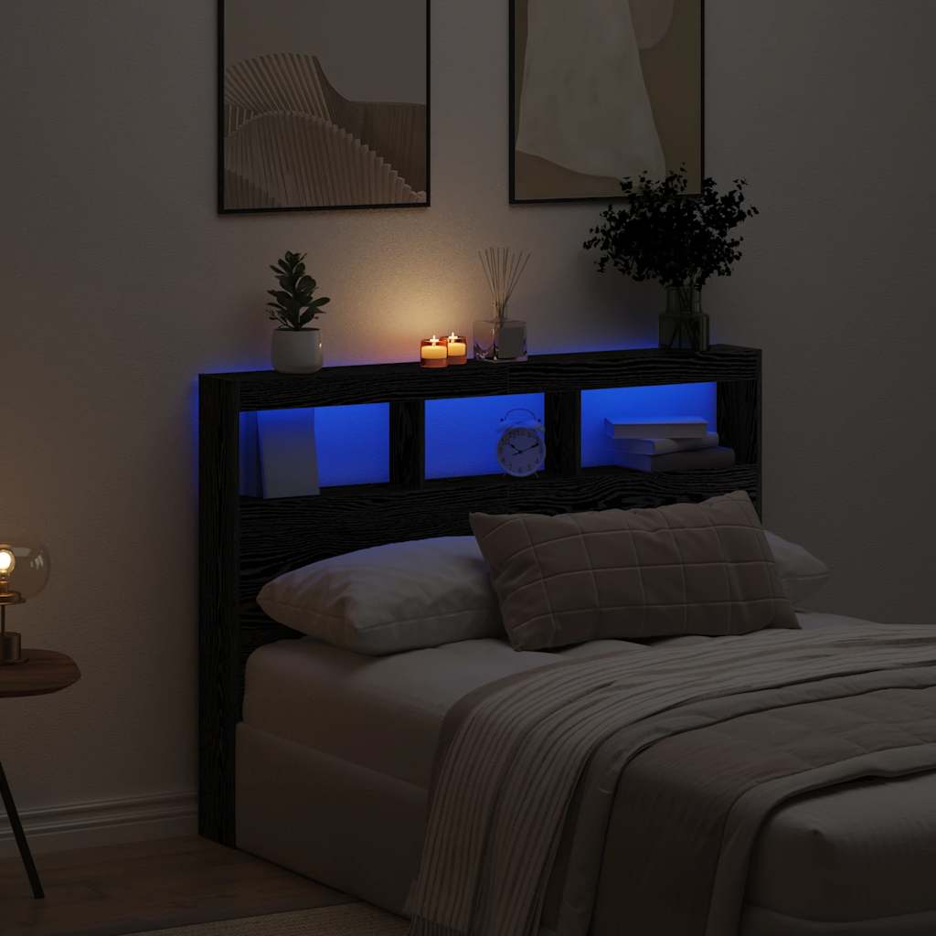 LED Kopfteil 140 cm Schwarz Eiche mit Ablagen