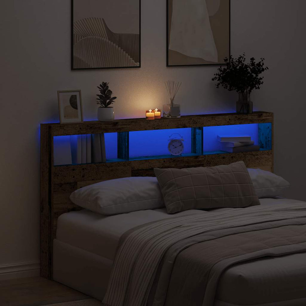 LED Kopfteil mit Ablagen, Altholz-Optik, 180 cm