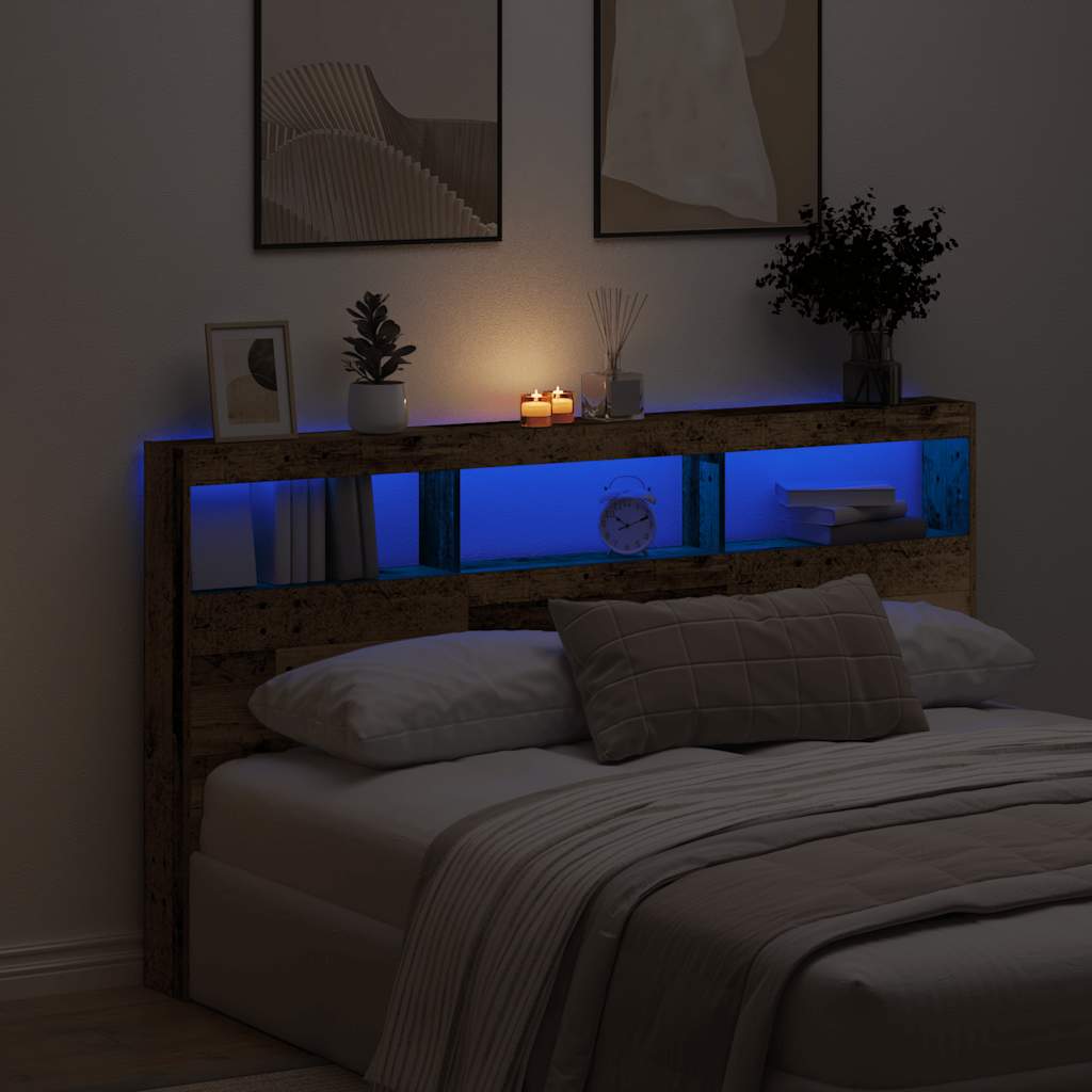 LED Kopfteil mit Ablagen, Altholz-Optik, 180 cm