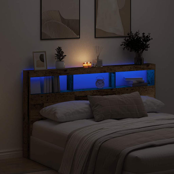 LED Kopfteil mit Ablagen, Altholz-Optik, 180 cm