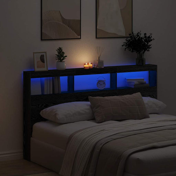 LED Kopfteil mit Ablagen Schwarz Eiche 180 cm