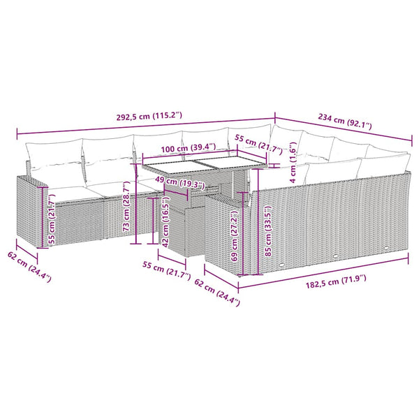 11-teilige Garten Sofagarnitur Schwarz Poly Rattan Akazie
