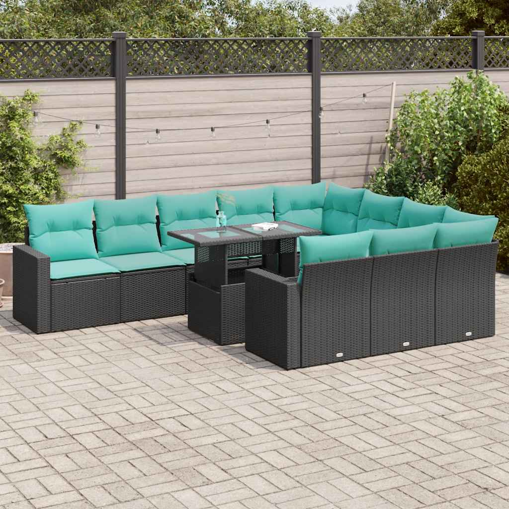 11-teilige Garten Sofagarnitur Schwarz Poly Rattan Akazie