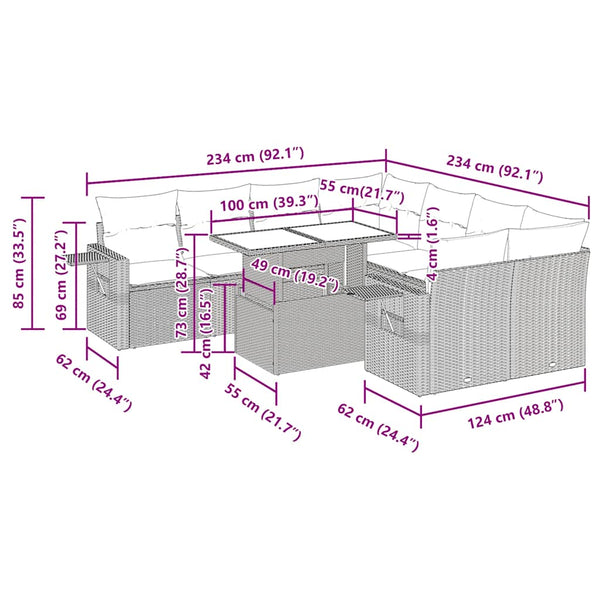 9-teilige Garten Sofagarnitur Schwarz Poly Rattan