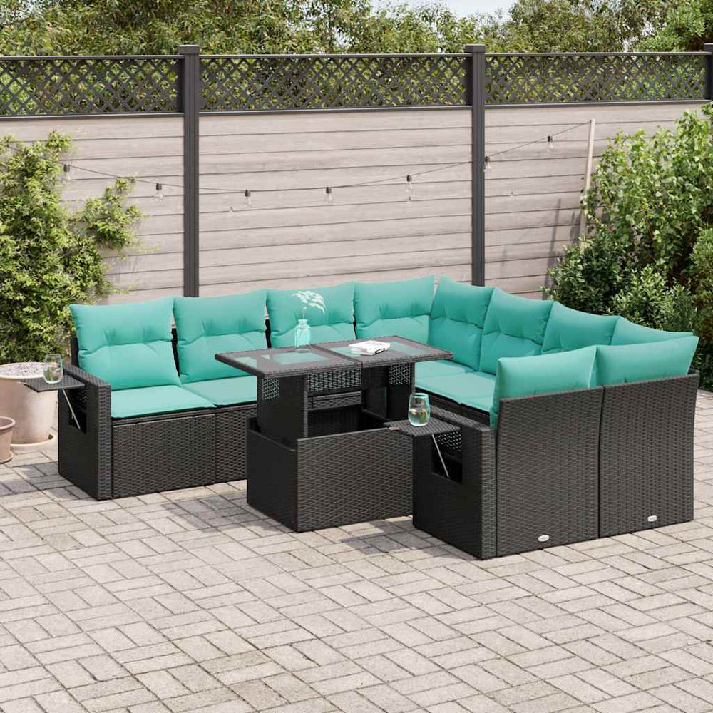 vidaXL Salon de jardin 9 pcs avec coussins Noir Résine tressée Acacia