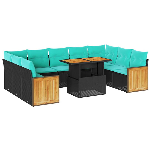 10-tlg. Garten Sofagarnitur Schwarz Poly Rattan mit Kissen