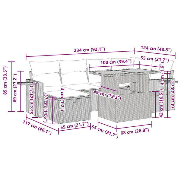 7-tlg. Garten Sofagarnitur Schwarz Poly Rattan mit Kissen