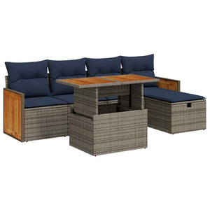 6-tlg. Garten Sofagarnitur Grau Poly Rattan Akazie
