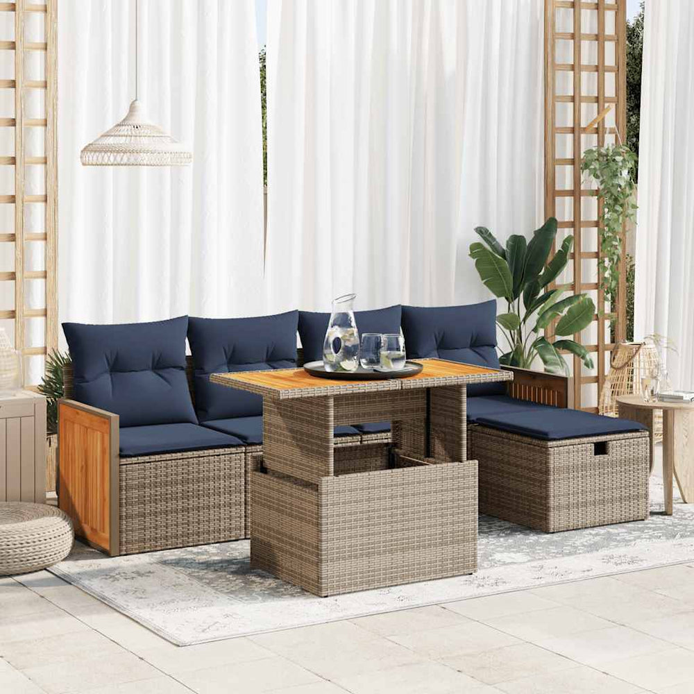 6-tlg. Garten Sofagarnitur Grau Poly Rattan Akazie