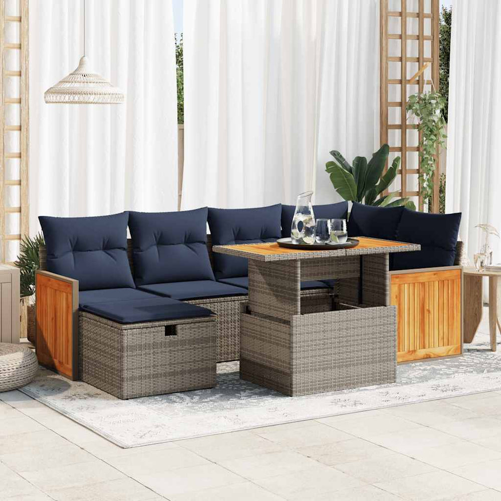 7-tlg. Garten Sofagarnitur Grau Poly Rattan mit Kissen