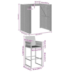 3-tlg. Gartenbar Set Grau Poly Rattan Akazie