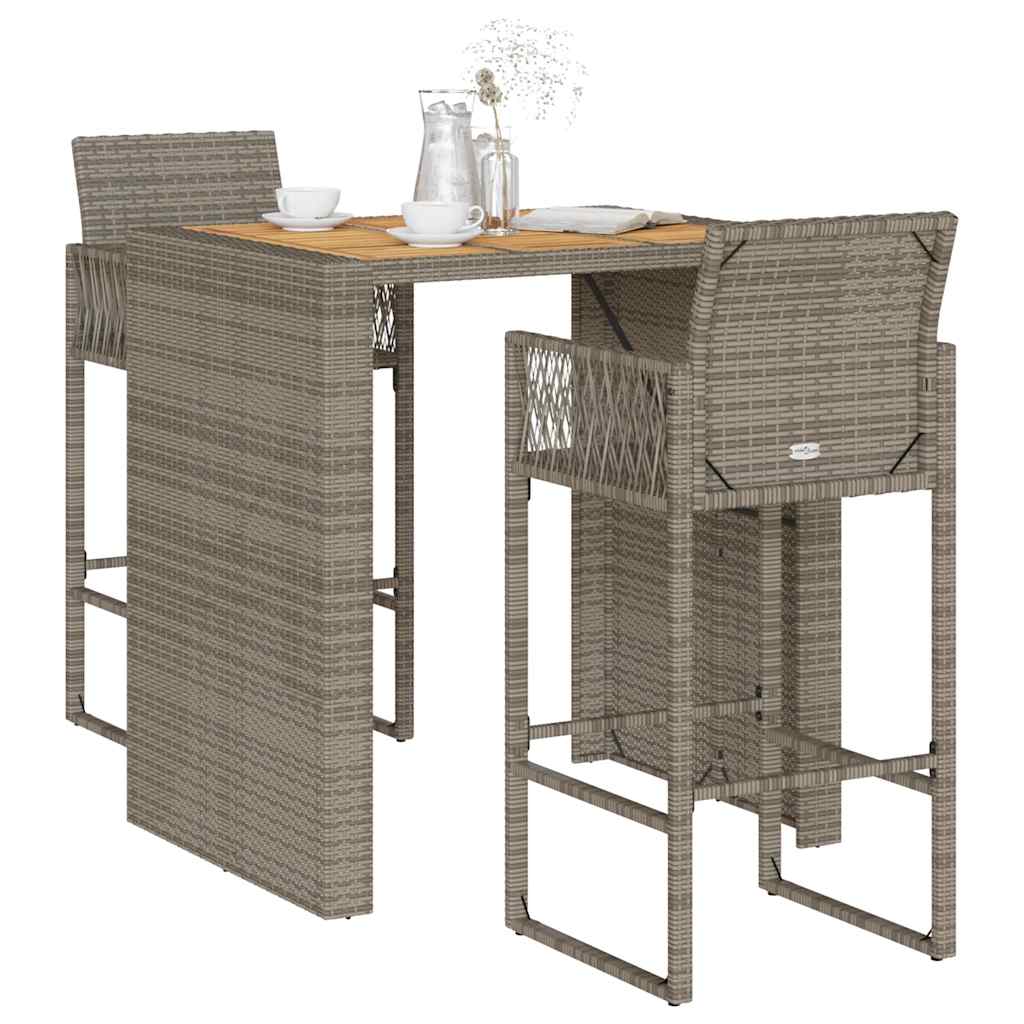 3-tlg. Gartenbar Set Grau Poly Rattan Akazie