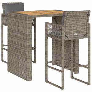 3-tlg. Gartenbar-Set Grau Poly Rattan Akazie