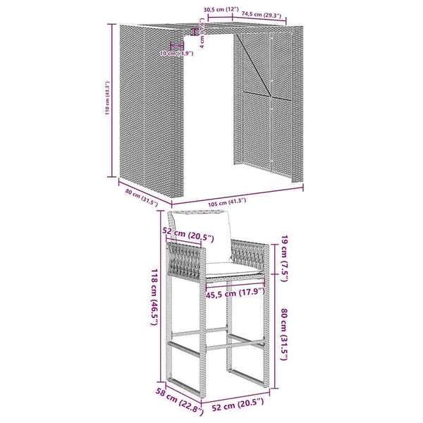 3-tlg. Gartenbar-Set Grau Poly Rattan Akazie