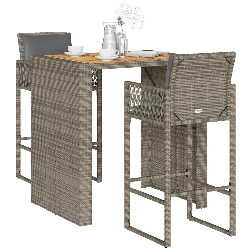3-tlg. Gartenbar-Set Grau Poly Rattan Akazie