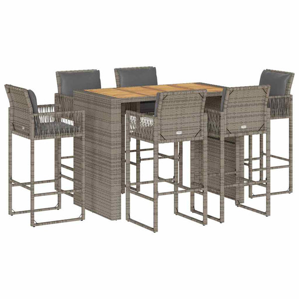 7-tlg. Gartenbar-Set Grau Poly Rattan Akazie