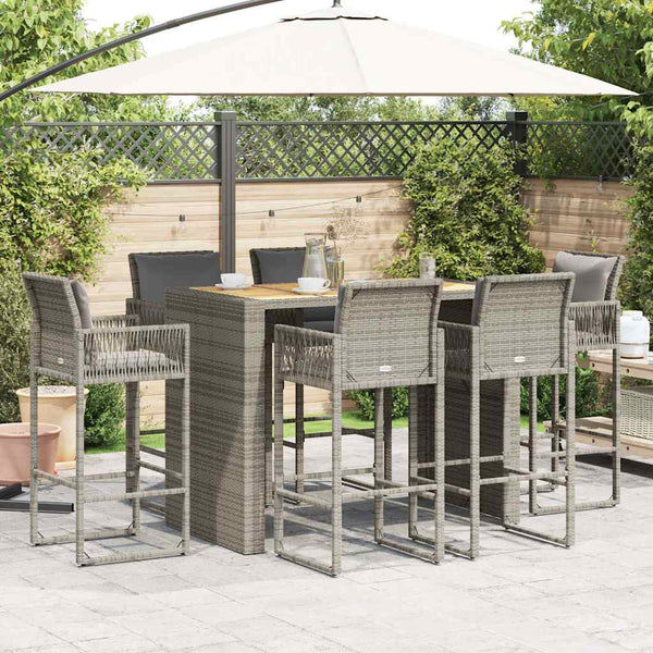 7-tlg. Gartenbar-Set Grau Poly Rattan Akazie