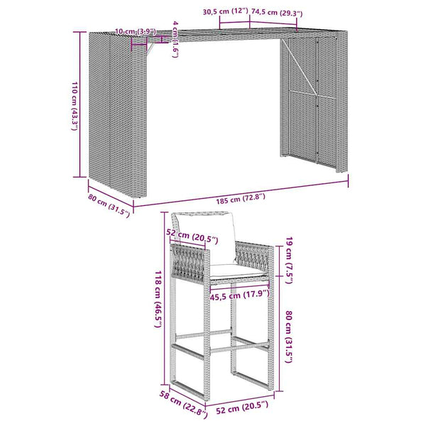 7-tlg. Gartenbar-Set Grau Poly Rattan Akazie