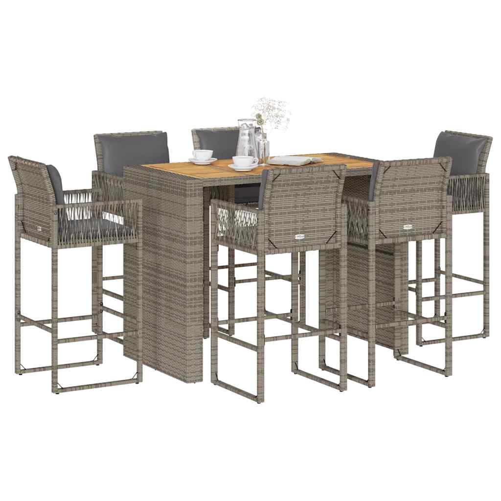 7-tlg. Gartenbar-Set Grau Poly Rattan Akazie