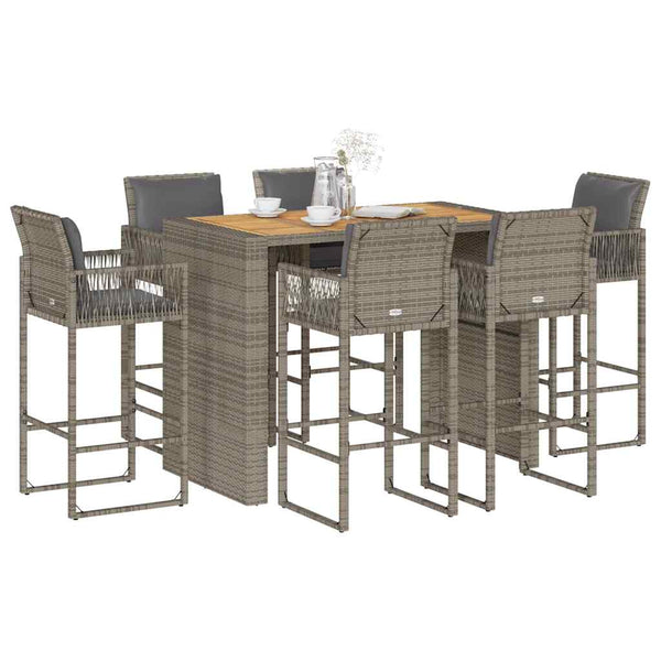7-tlg. Gartenbar-Set Grau Poly Rattan Akazie