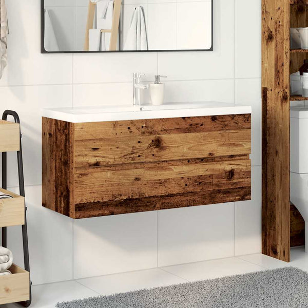 Waschbeckenunterschrank mit Einbaubecken Altholz