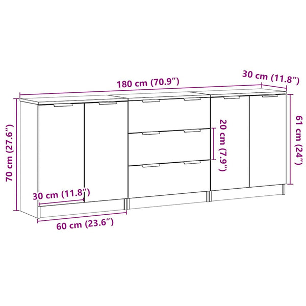 Sideboards 3er Set, Artisan-Eiche, 60 cm