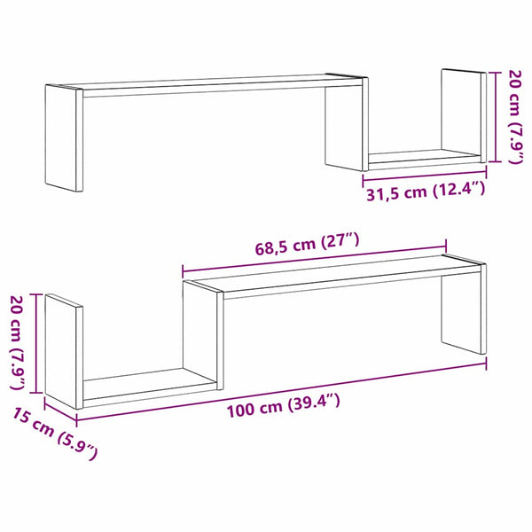 Wandregal 2er Set, Schwarz Eiche, 100cm