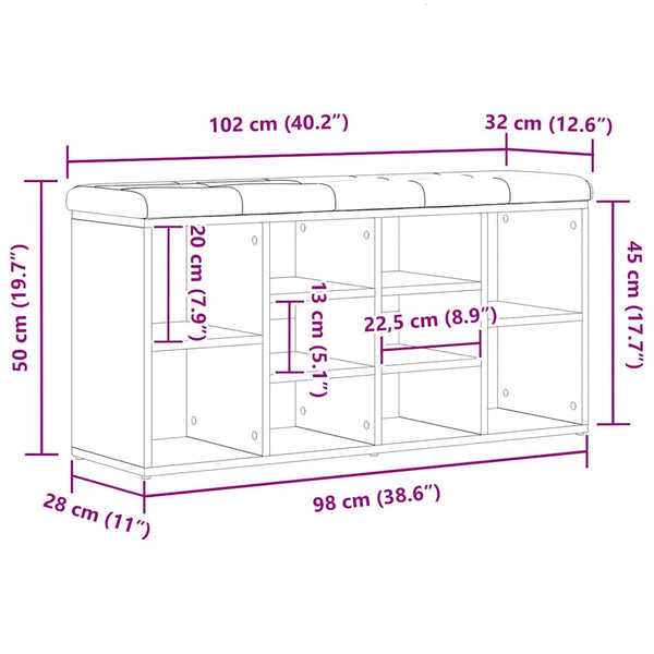 Schuhbank Schwarz Eichenoptik 102 cm