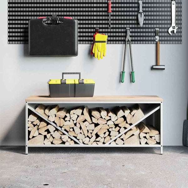 Weißes Brennholzregal mit Holzplatte 100,5 cm