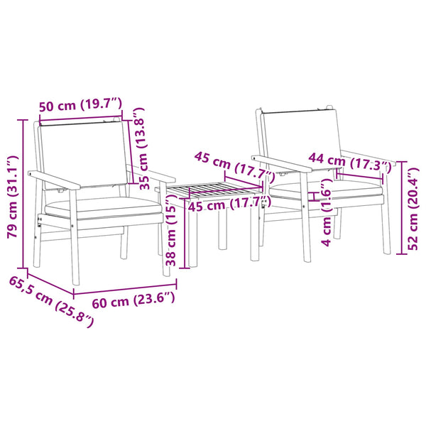 Gartensofa Set 3-teilig Cremeweiß Akazie Massivholz