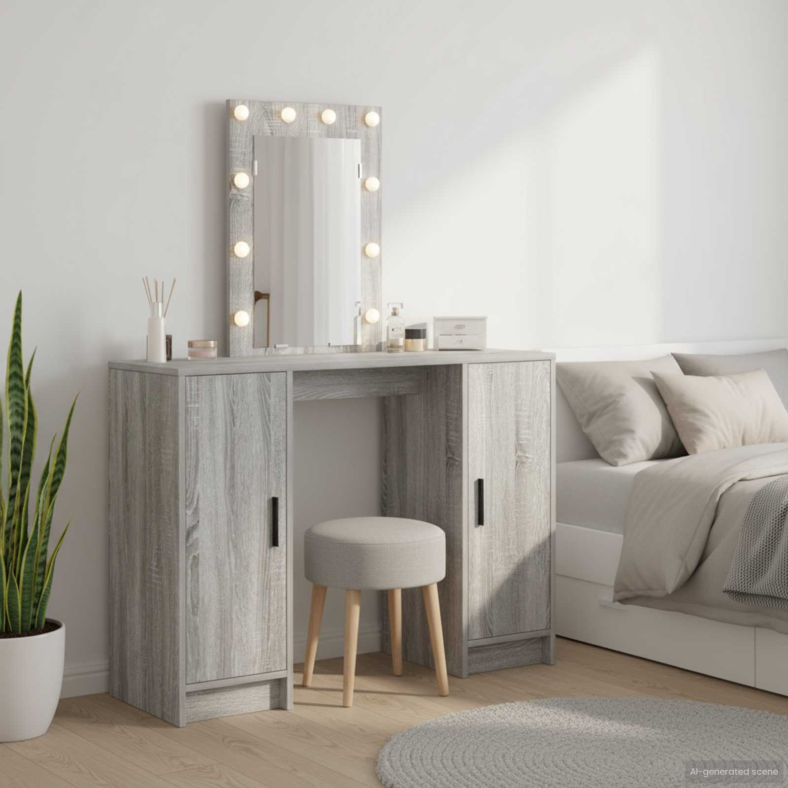 Schminktisch Grau mit Spiegel und LED