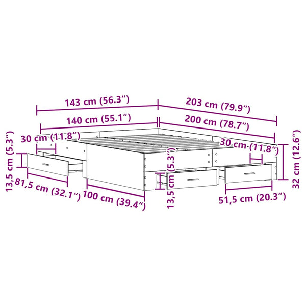 Bettrahmen 140x200 cm Schwarz Eichenoptik