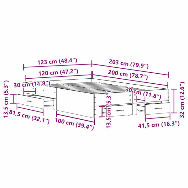 Bettrahmen Altholz 120x200 cm mit Schubladen