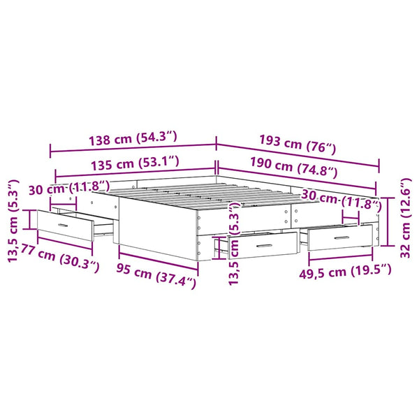 Bettrahmen Altholz 135x190 cm mit Schubladen