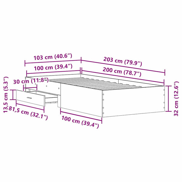 Bettrahmen Altholz 100x200 cm mit Schubladen