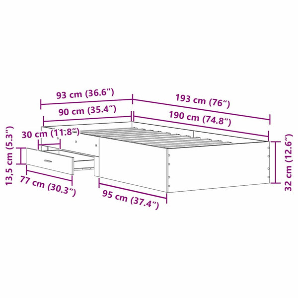 Bettrahmen Altholz mit Schubladen 90x190