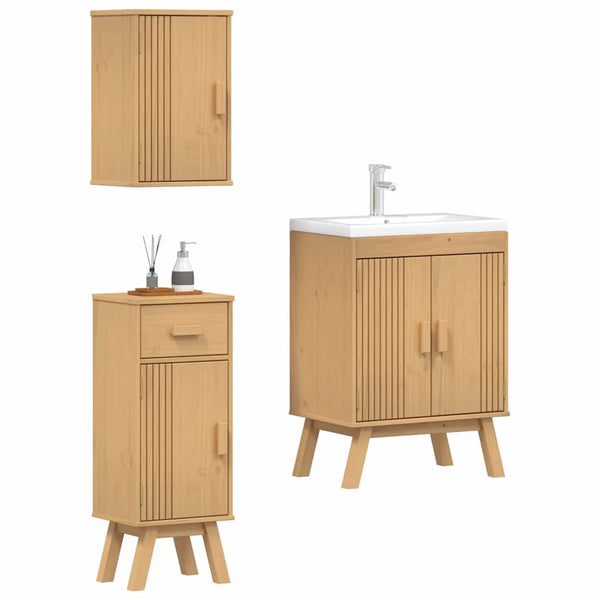 Badezimmermöbel Set Braun Kiefer Massivholz 3-teilig