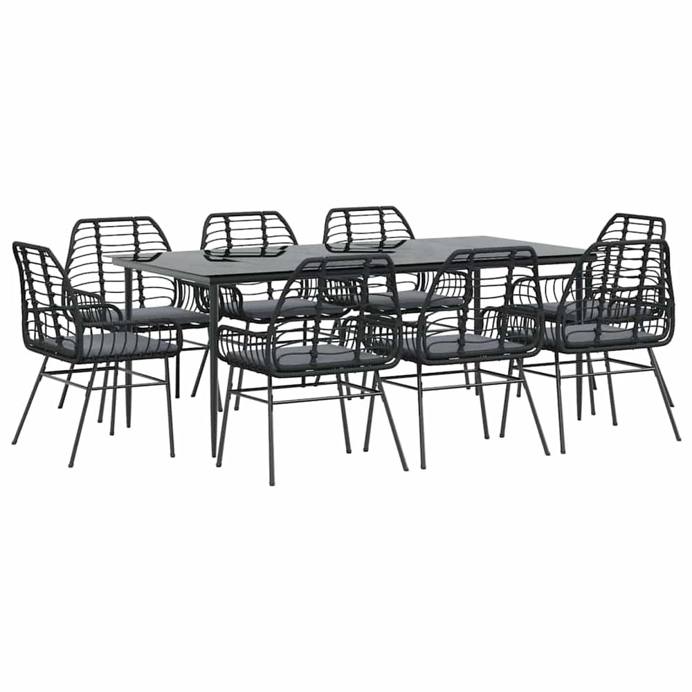 vidaXL Salon de jardin à dîner 9 pcs avec coussins Noir Résine tressée Verre