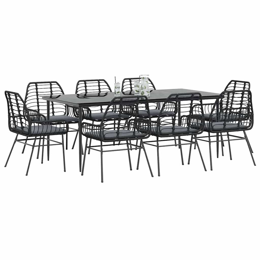 vidaXL Salon de jardin à dîner 9 pcs avec coussins Noir Résine tressée Verre
