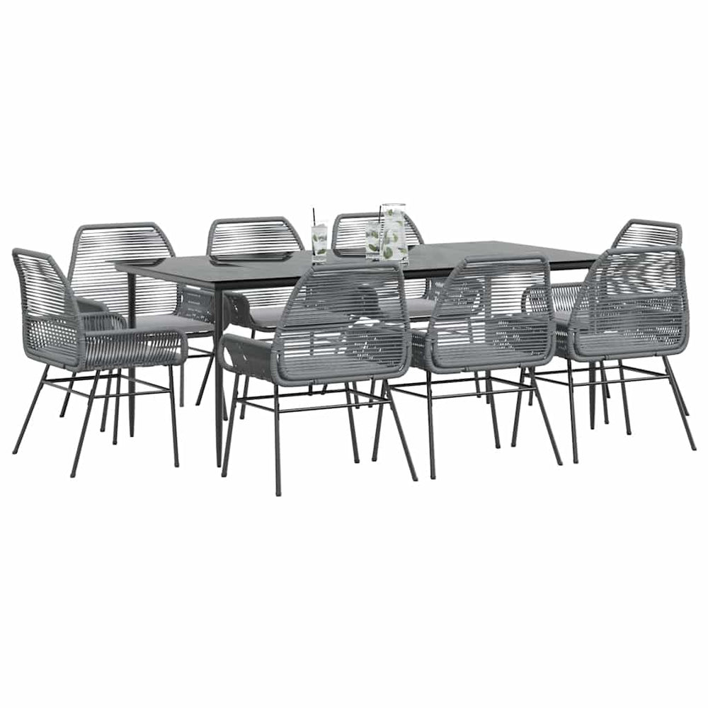 vidaXL Salon de jardin à dîner 9 pcs avec coussins Gris Résine tressée Verre