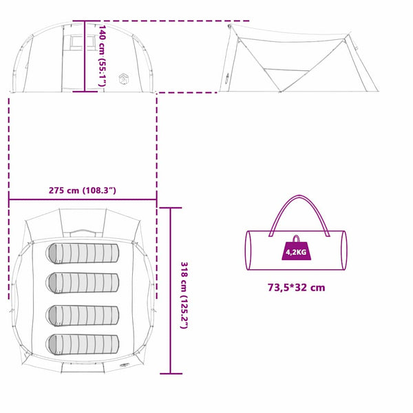 4-Personen Tunnelzelt, Grau/Orange