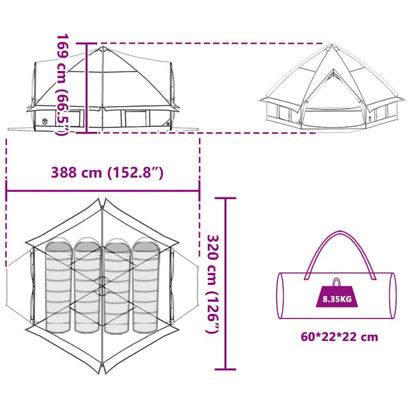vidaXL Tente tipi 4 personnes gris et orange 388 x 320 x 169 cm