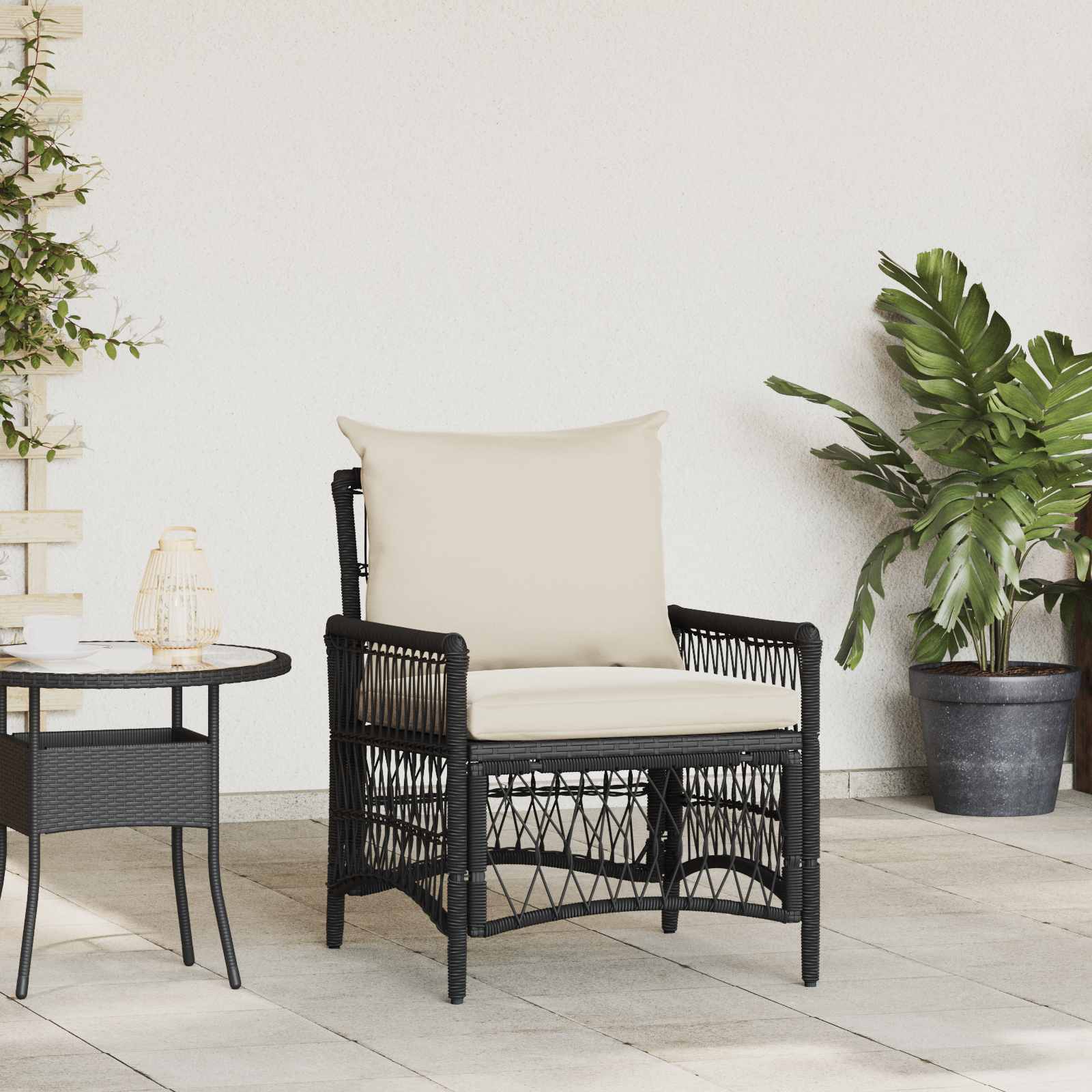 Gartenstuhl Schwarz mit Kissen Poly-Rattan