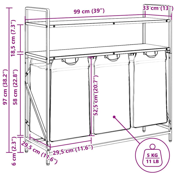 vidaXL Panier à linge à 3 compartiments avec étagères Chêne noir