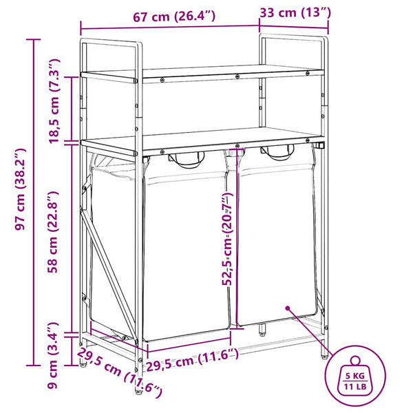 vidaXL Panier à linge 2 compartiments avec étagères Chêne fumé