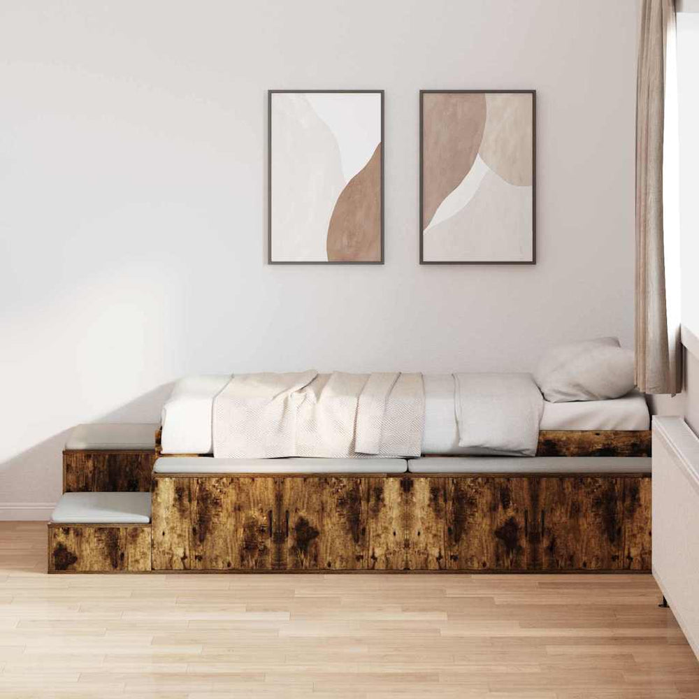 vidaXL Cadre de lit de rangement chêne fumé 100 cm Bois d'ingénierie