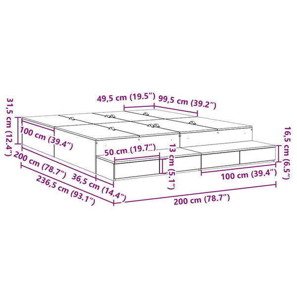 vidaXL Cadre de lit avec rangements Gris Sonoma 200 cm Bois d'ingénierie