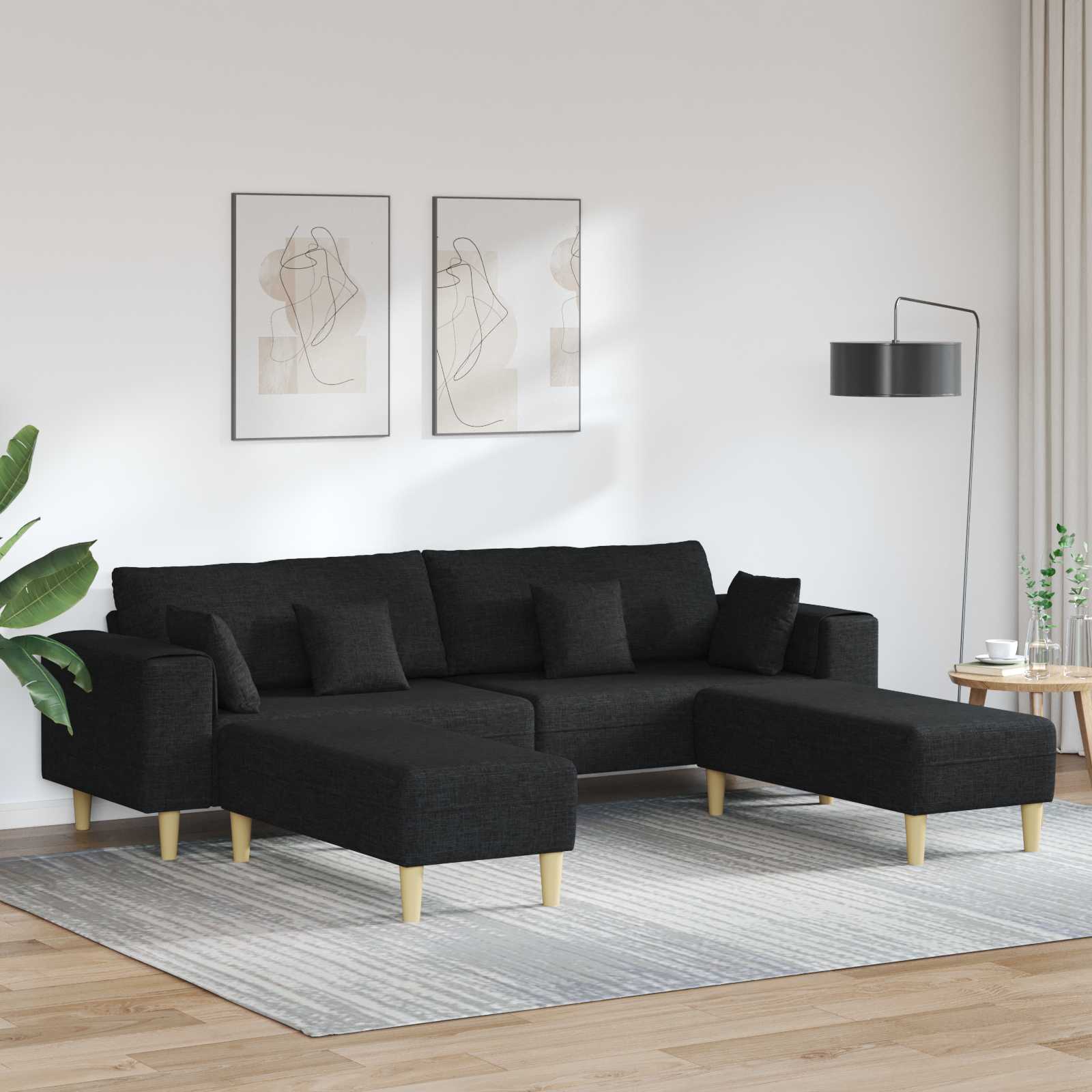 Schwarzes Stoffsofa mit Kissen, 3-teilig